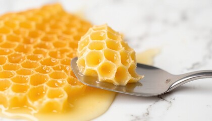 Fresh honeycomb drizzles honey onto a silver spoon in a kitchen setting during the day