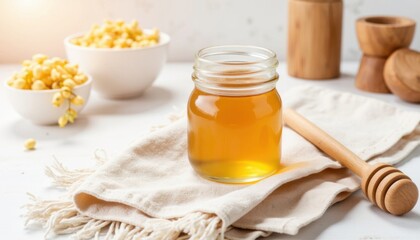 Golden honey jar with wooden dipper and popcorn kernels on kitchen table during bright morning light