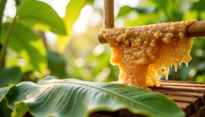 Fresh honey dripping from honeycomb in a vibrant tropical garden at sunrise