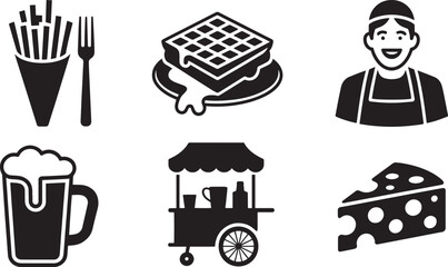 Belgian Fries Waffle Beer Cheese Vendor Icon Set for Belgium Food and Drink Culture Design