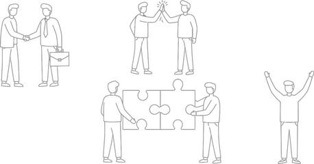 Business teamwork concept illustration vector, handshake, high five, puzzle solving, success celebration