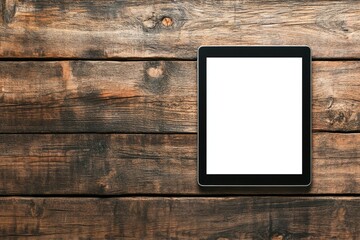 Vibrant Color Visual of Realistic Digital Tablet with Blank Screen on Wooden Textured Plank