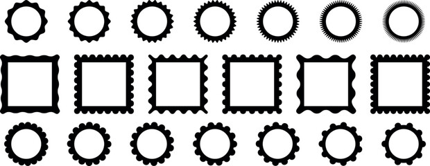 Circle and scalloped frames. rectangle, rhombus, oval, Scalloped edge rectangle and ellipse shapes. Simple label and sticker form. Flower silhouette lace frame. Vector illustration.