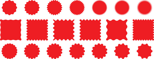 Red starburst sticker set. Special offer price tag. Price sticker, sale sticker, starburst, quality mark, retro silhouette. Sunburst retro sale badge, quality signs, sale icons. Zig zag Wavy Edge,