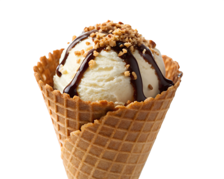 Vanilla ice cream cone with chocolate sauce and nuts isolated on transparent background