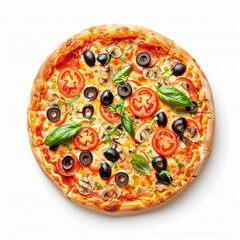 Fresh vegetarian pizza with tomatoes, olives, mushrooms, and basil, presented whole on a white background. AI generated