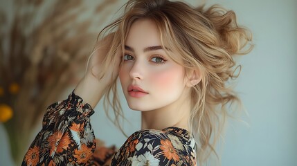 Portrait of a young woman with a natural aesthetic featuring blonde hair green eyes and delicate features set against a softly blurred background.