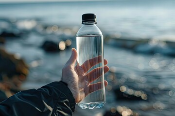 High Resolution Image of Closeup Hand Holding Water Bottle Mockup