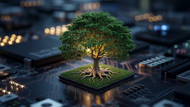 Lush green tree with glowing roots on circuit board