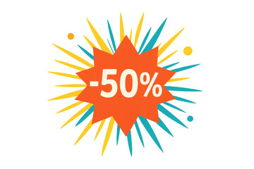 Orange star with fifty percent discount offer with yellow and blue rays on transparent background