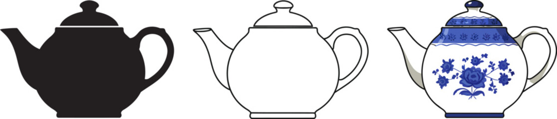 Obraz premium Three teapots in different styles black silhouette outline and blue floral design vector illustration