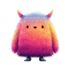 Cute colorful fuzzy monster character with playful features. transparent background