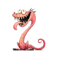 A whimsical pink creature with a long neck and playful expression. transparent background