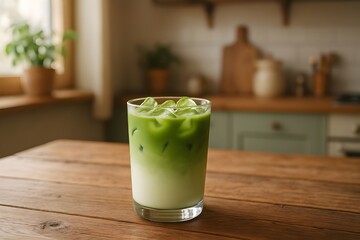 iced matcha latte served in a cozy kitchen setting with natural light and wooden textures