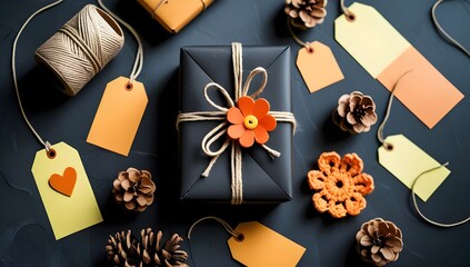 Rustic Gift Wrapping Flat Lay: Kraft Paper Package with Orange Accents
