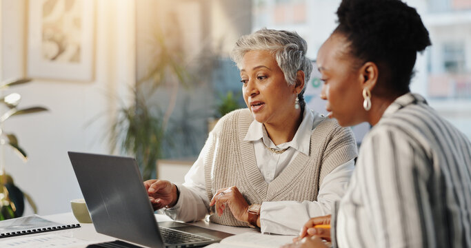 Laptop, business women and team planning in office for insurance, training or help with project. Mature manager, computer and collaboration in meeting for risk management, coaching or problem solving
