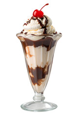 Chocolate ice cream sundae in a glass dish isolated on transparent background