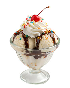 Chocolate covered vanilla ice cream sundae isolated on transparent background
