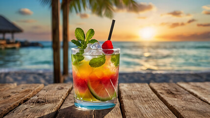 A colorful welcome drink served in a stylish glass, placed on a rustic wooden plank or table by the beach. The drink can include tropical elements such as fruit slices, mint leaves, or a cocktail  