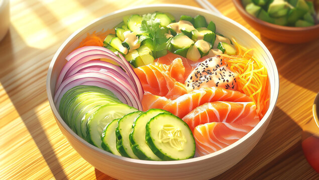 Sashimi under its traditional presentation, with fresh salmon and cucumber in the bowl of pale santal wood