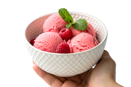 Handheld bowl of pink raspberry ice cream with fresh mint isolated on transparent background - Powered by Adobe