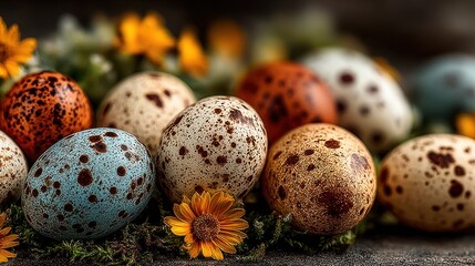 Obraz premium Colorful speckled eggs on moss