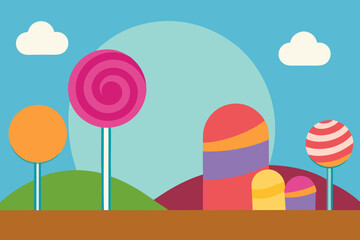 A Candy Land Scene With Giant Lollipops And Gumdrop Shapes For A Sweet Fantasy World