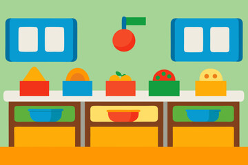 A School Cafeteria Scene With Colored Trays Representing Food For A Fun School Vibe