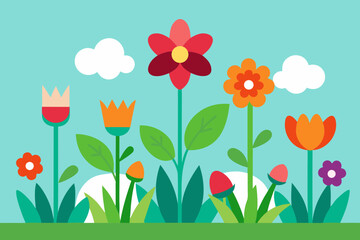 A Beautiful Springtime Garden With Colorful Blooming Flowers And Fresh Green Leaves