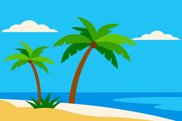 A Tropical Beach Scene With Tall Palm Trees And Clear Blue Water For A Vacation Vibe