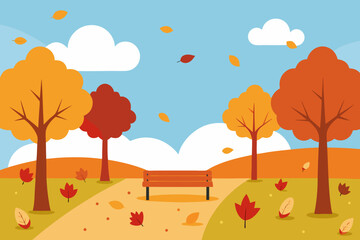 An Autumn Park Scene With Colorful Falling Leaves And A Peaceful And Calm Atmosphere