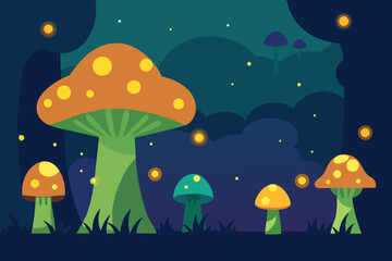 A Magical Forest With Luminous Mushrooms And Bright Fireflies For A Fairytale Setting