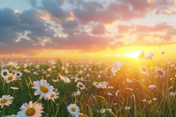 Premium Quality Picture of Tranquil Sunset Over a Field of Wild Daisies with a Beautiful Sky