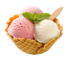 Double scoop ice cream in waffle cone isolated on transparent background