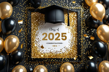 Festive Graduation Scene for Class of 2025 with Gold Glitter, Balloons and graduation cap