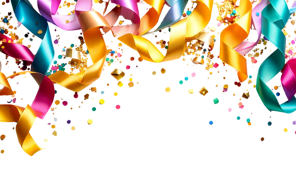 Colorful gold and silver ribbons and confetti background on white background.
