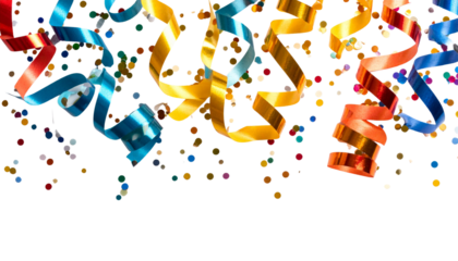 Colorful gold and silver ribbons and confetti background on white background.
