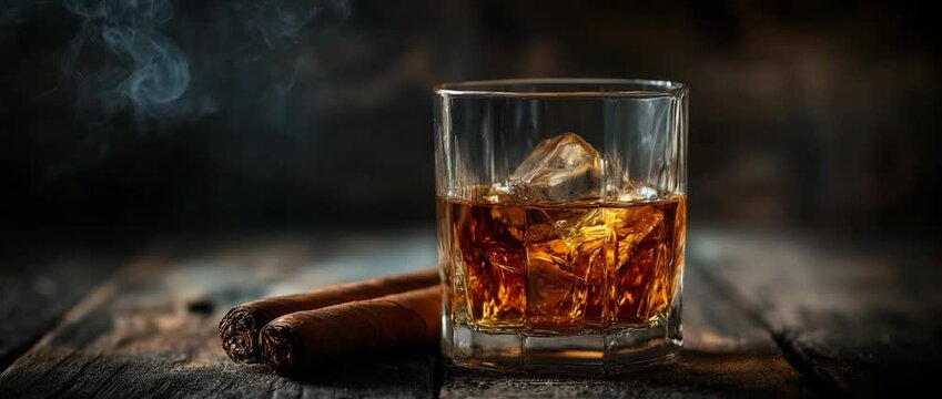 A burning cigar and a glass of whiskey are on the table. Cognac, whisky, brandy, and other alcoholic drinks 