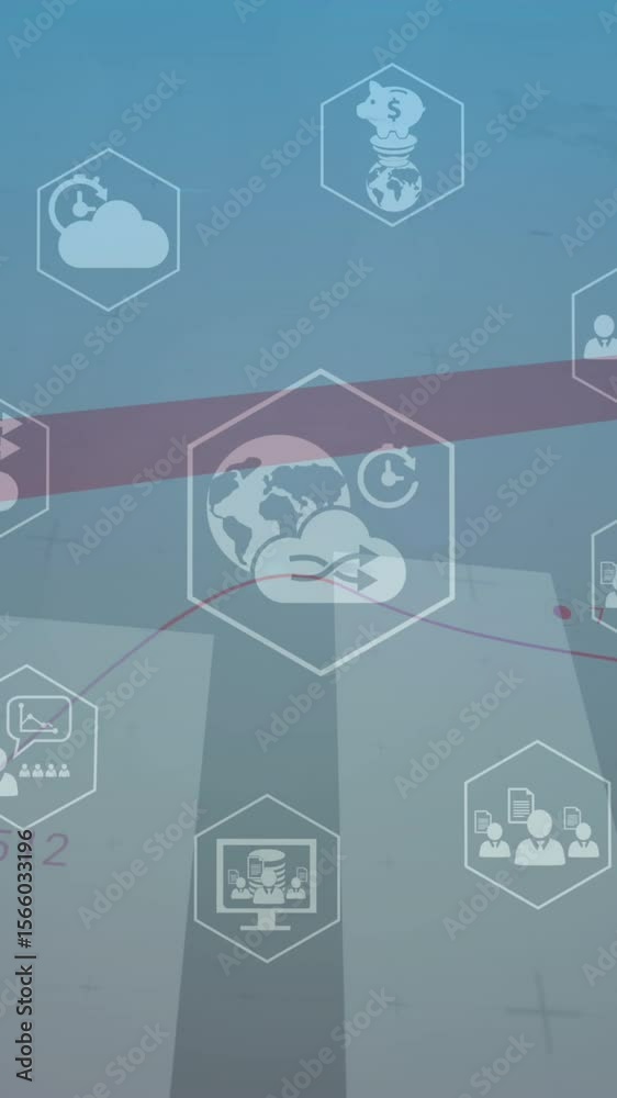 Poster animation of digital icons and statistical data processing against light spot on blue background