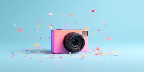 A vibrant pink and purple camera with a large lens is centered on a blue background, surrounded by colorful confetti falling around it.