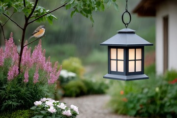 Bird resting on a branch during rain with garden lantern