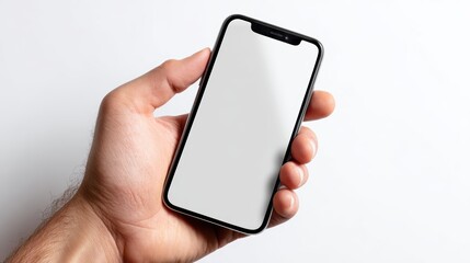 Hand holding smartphone with blank screen on white background
