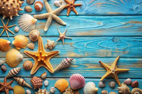 A blue background with a variety of seashells and starfish scattered across it
