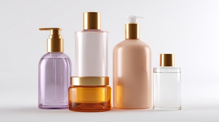 Set of skincare bottles on white background