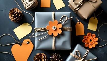 Rustic Gift Wrapping Flat Lay: Kraft Paper Package with Orange Accents
