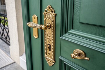 A green door with a gold handle and a keyhole