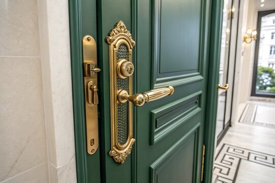 A green door with a gold handle and a keyhole - Powered by Adobe