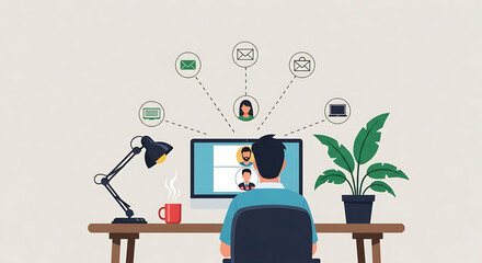 Man in Video Conference with Desk Lamp, Plant, and Coffee Mug