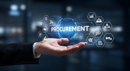 A professional procurement process concept with glowing icons and digital data on a futuristic interface.