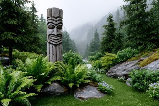 Wooden totem standing in a foggy forest near a stream - Powered by Adobe
